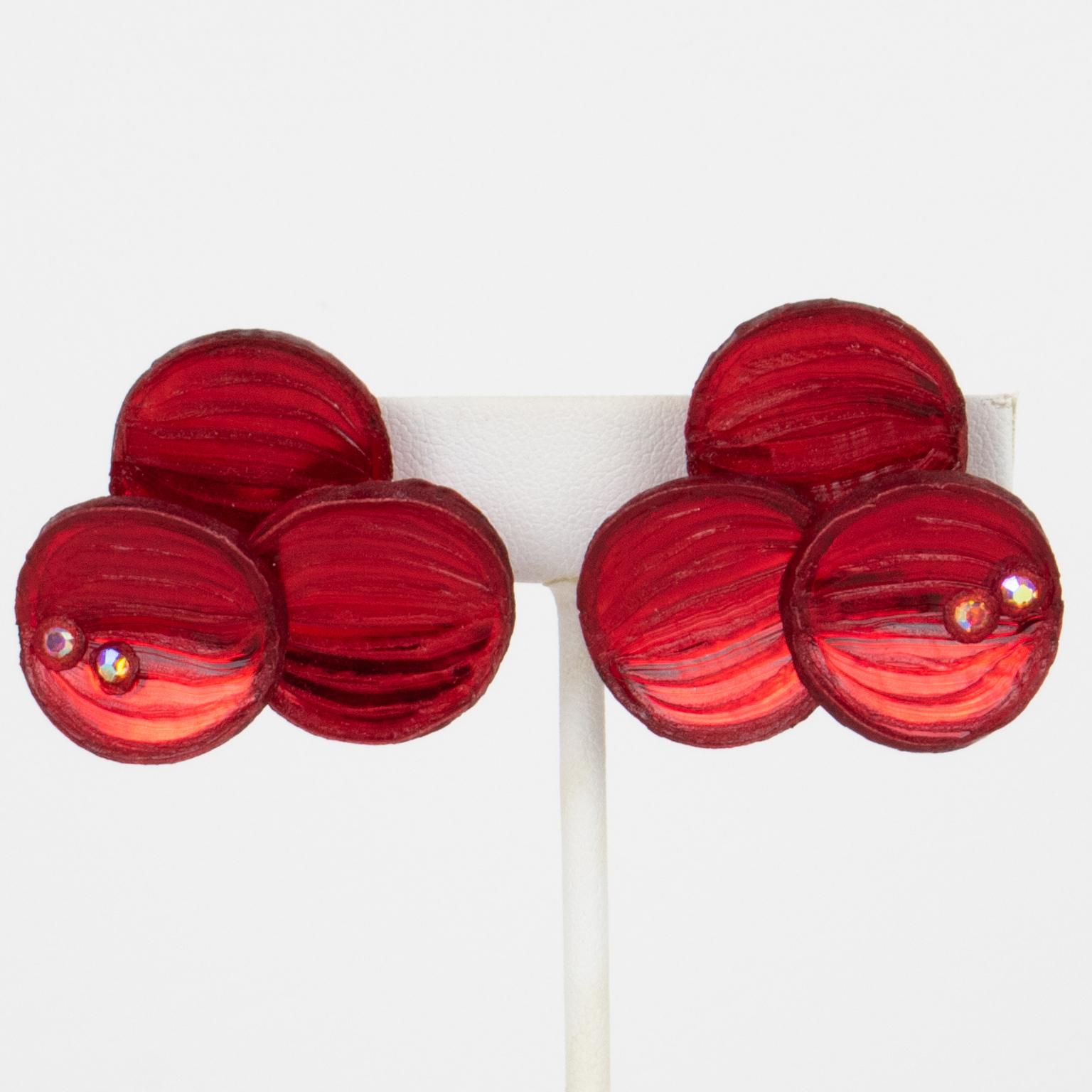 Cilea Paris Carmine Red Floral Jeweled Clip Earrings For Sale 2