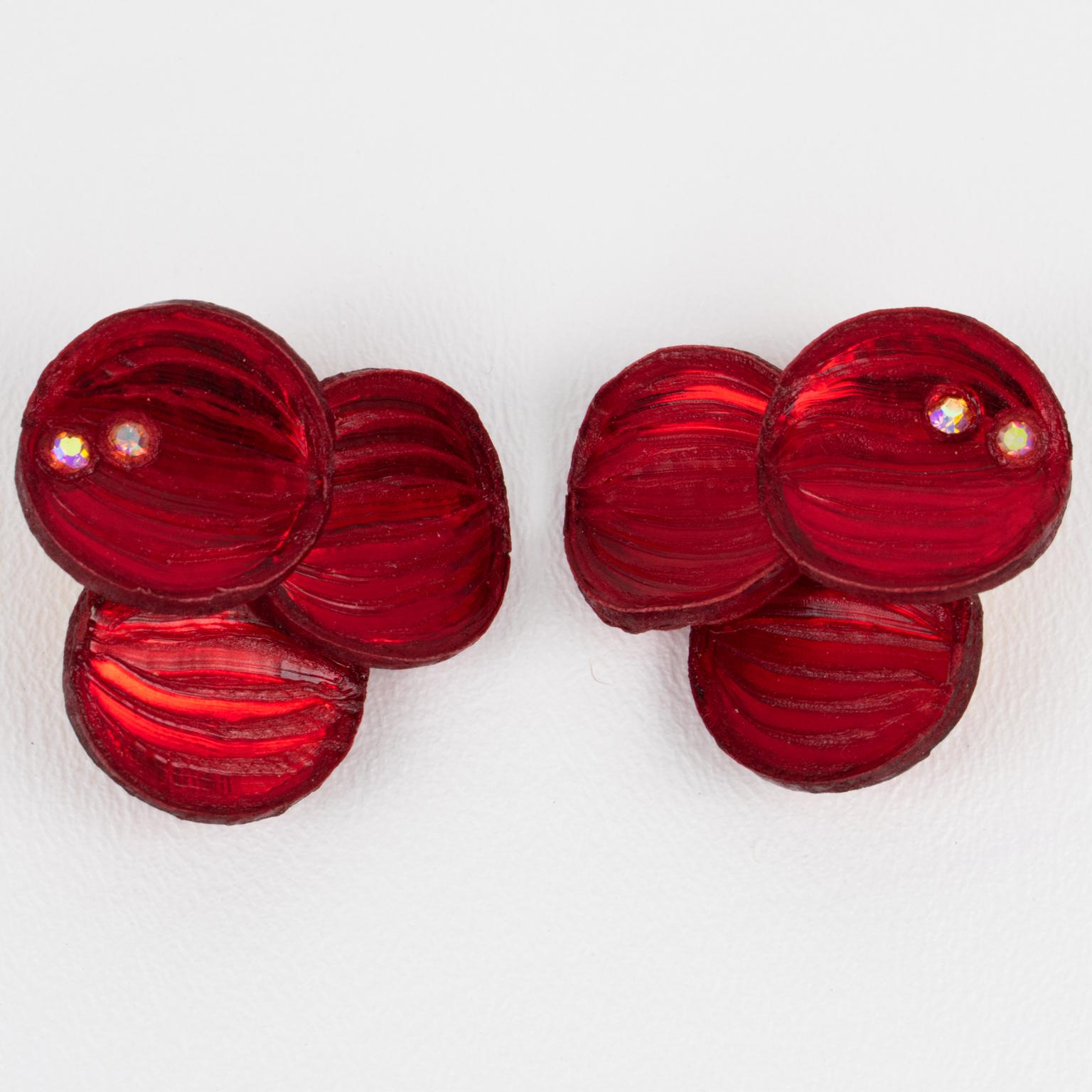 Cilea Paris Carmine Red Floral Jeweled Clip Earrings For Sale 3