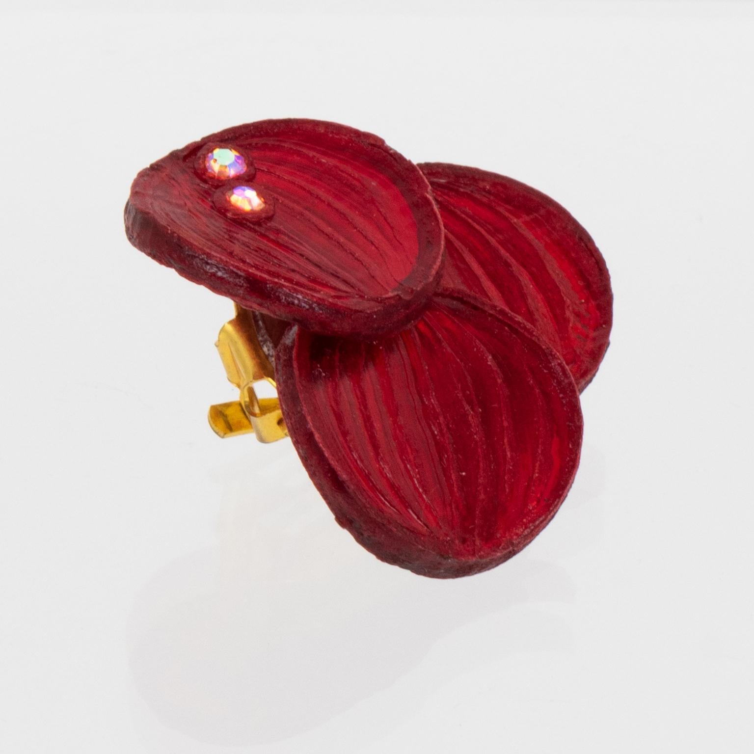 Pendientes de clip florales rojo carmín Cilea Paris en venta 3