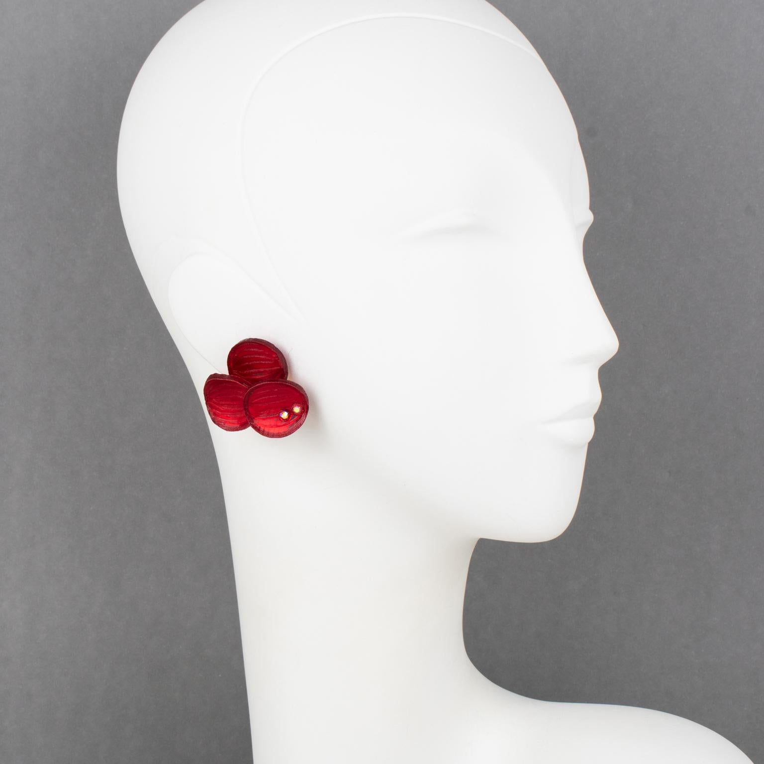 Pendientes de clip florales rojo carmín Cilea Paris en venta 4
