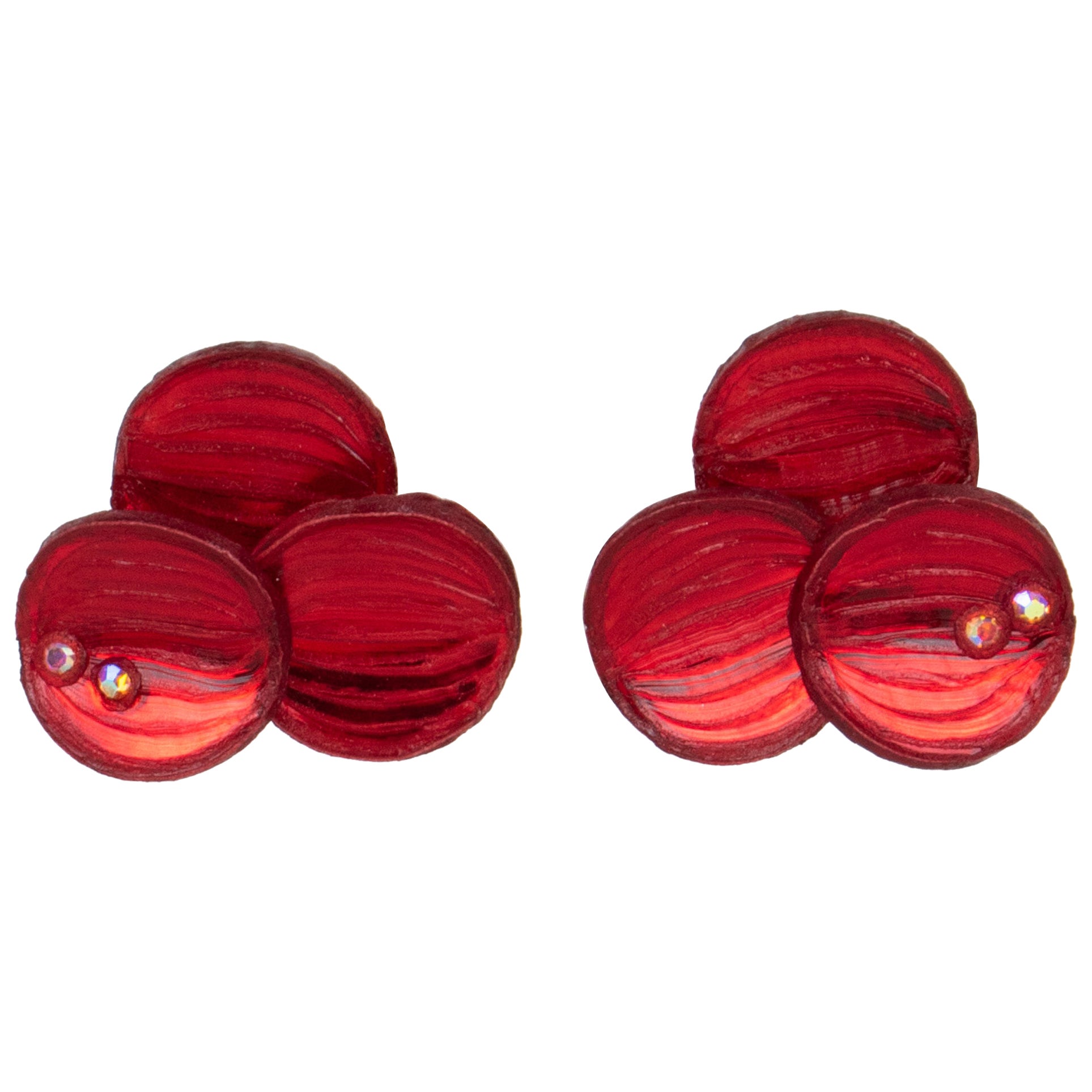 Cilea Paris Carmine Red Floral Jeweled Clip Earrings