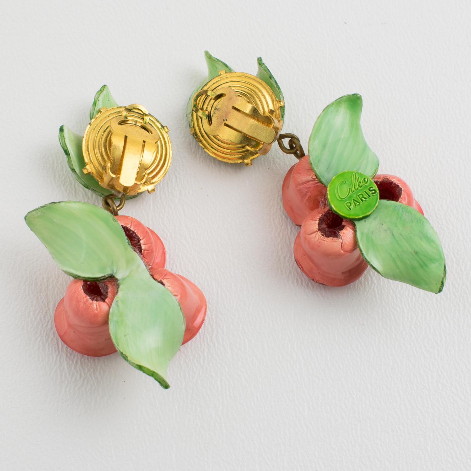 Women's Cilea Paris Clip Earrings Pink and Green Resin Rosebuds