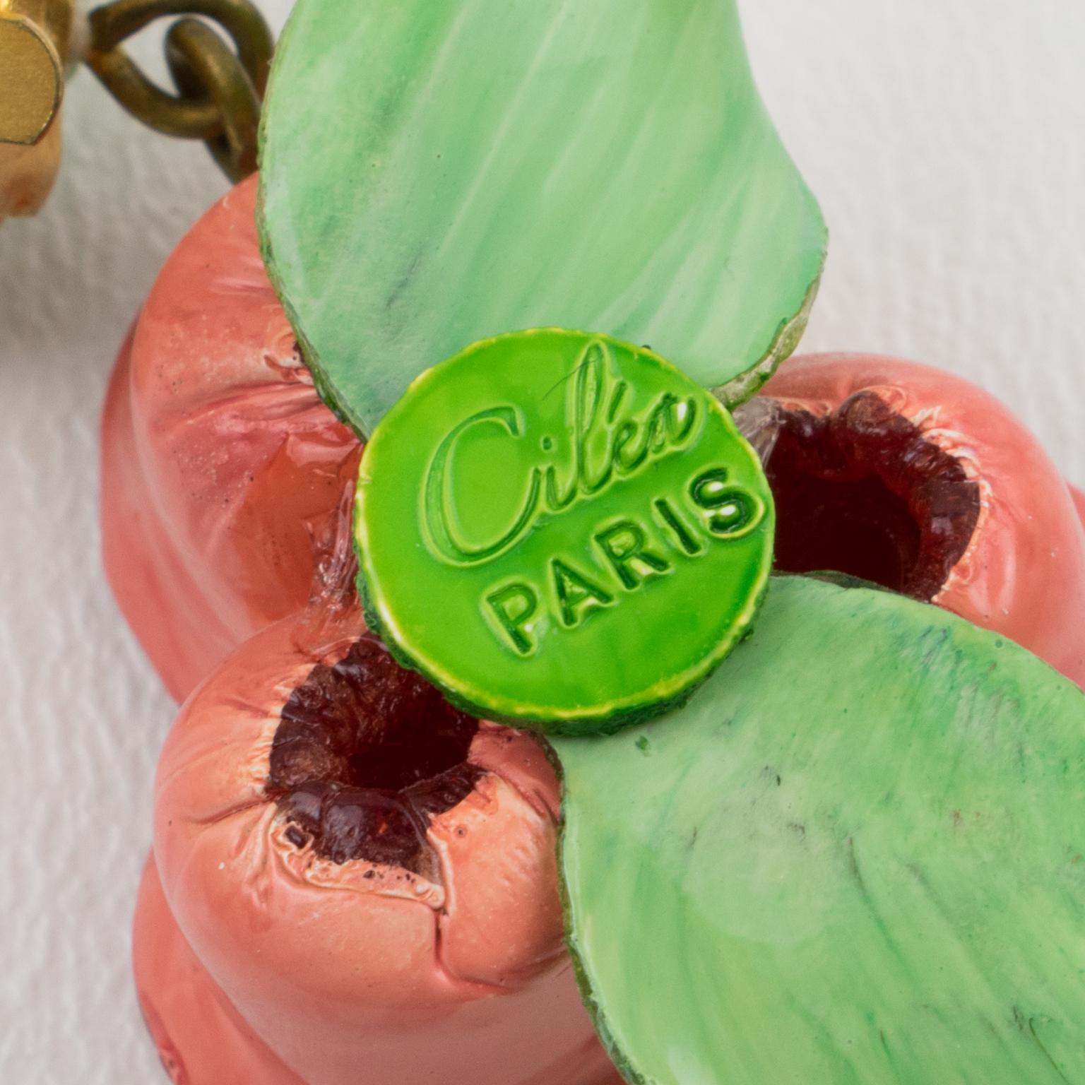 Cilea Paris Clip Earrings Pink and Green Resin Rosebuds 1
