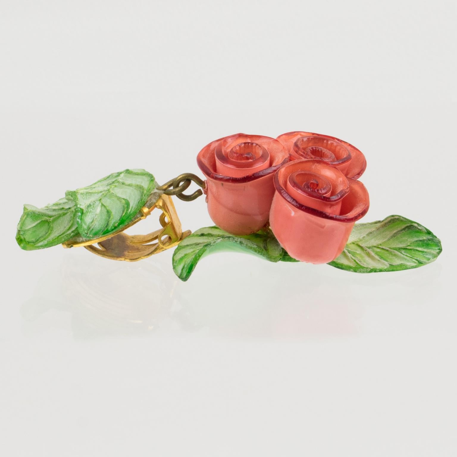 Cilea Paris Clip Earrings Pink and Green Resin Rosebuds 2