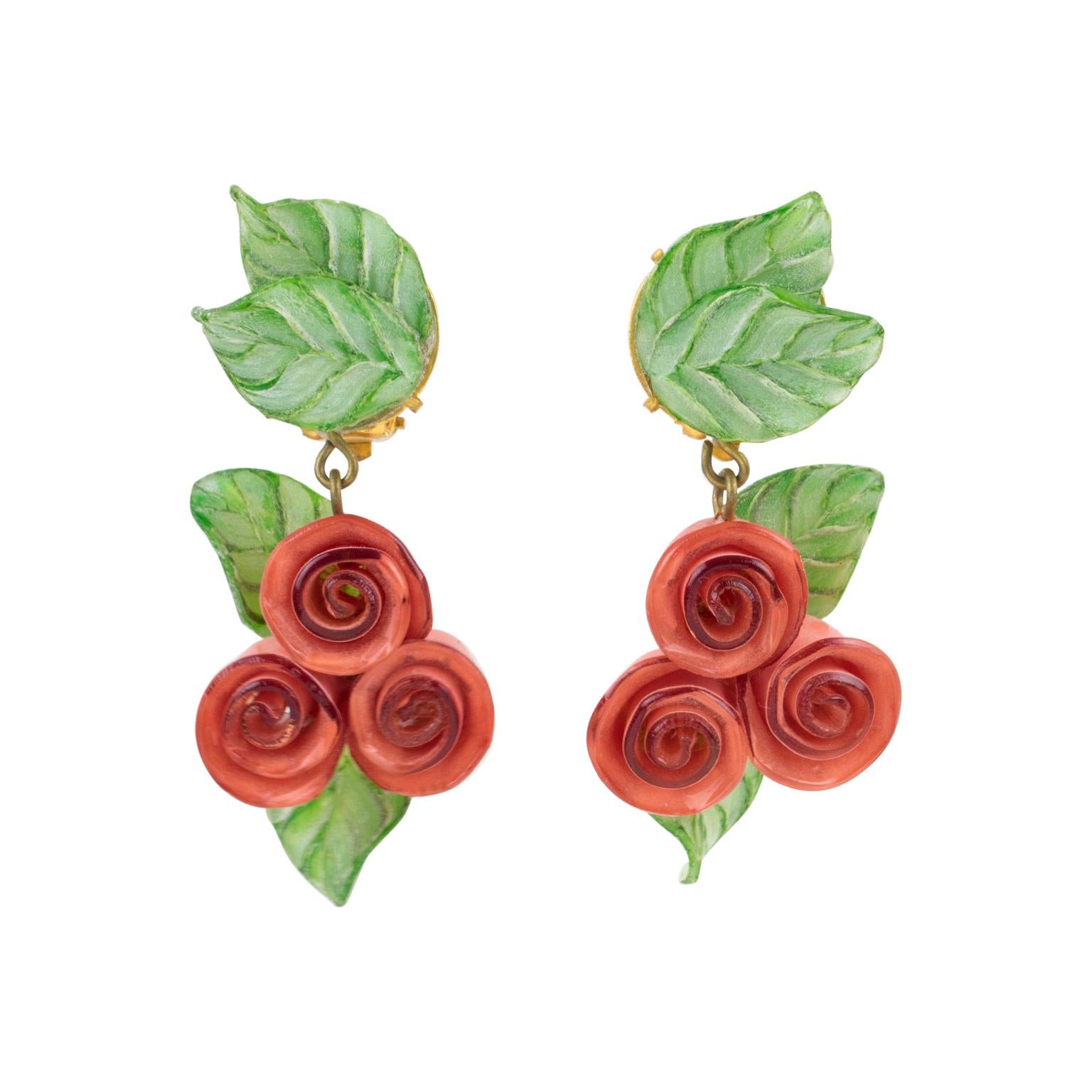 Cilea Paris Clip Earrings Pink and Green Resin Rosebuds