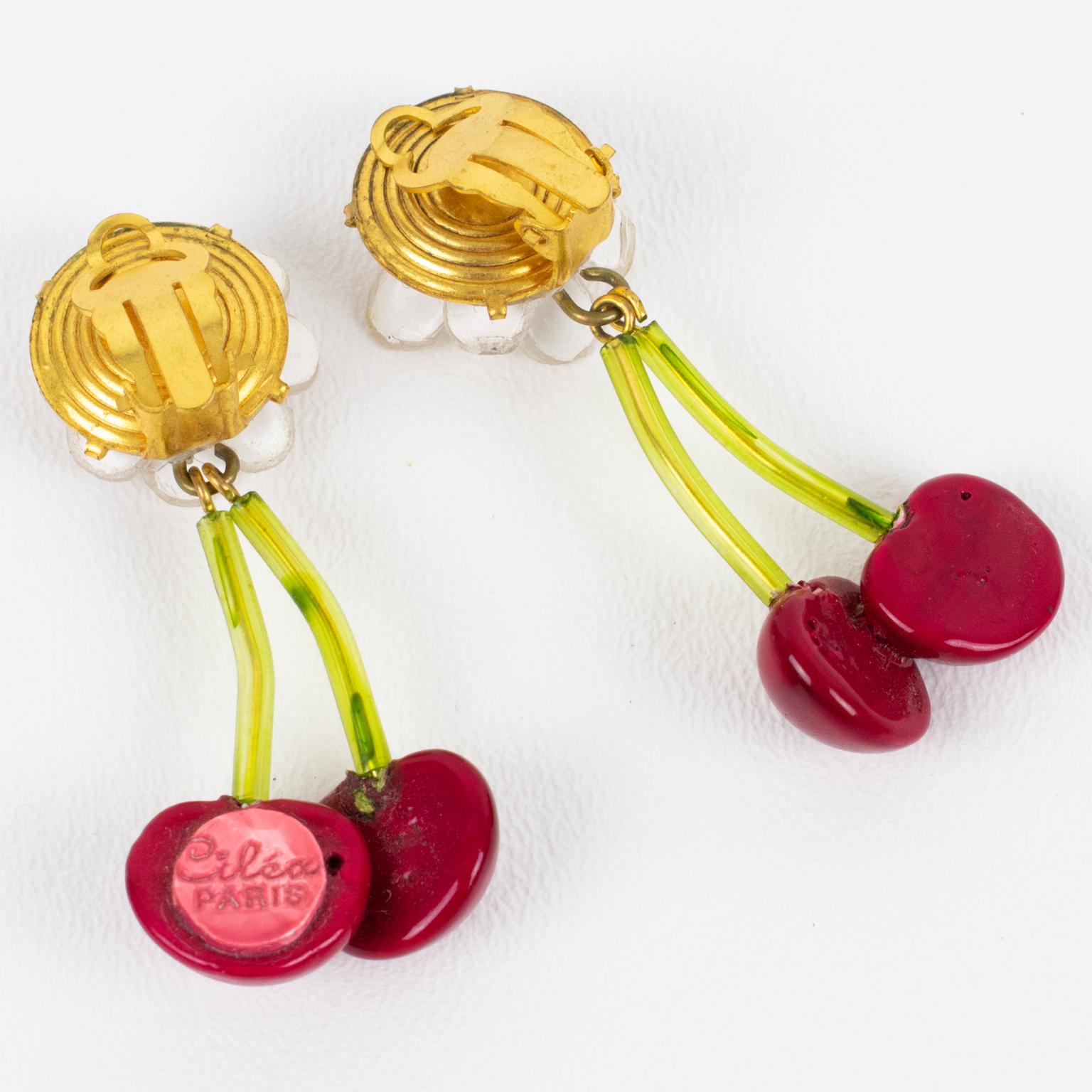 Romantic Cilea Paris Clip Earrings Red Resin Cherries