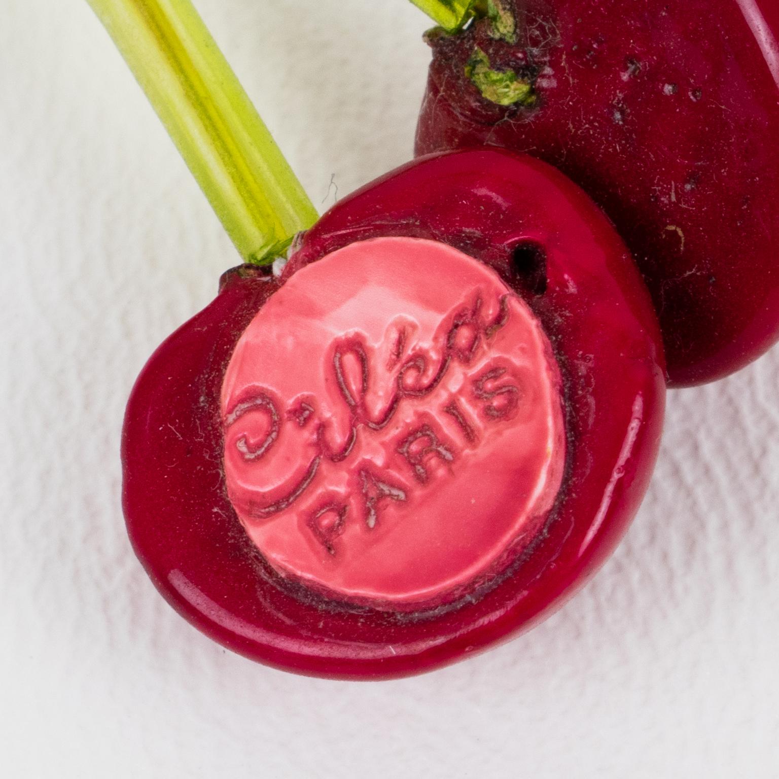 Cilea Paris Clip Earrings Red Resin Cherries In Excellent Condition In Atlanta, GA