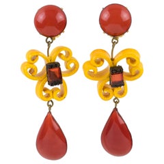 Cilea Paris Dangle Baroque Resin Clip Earrings Saffron and Pumpkin