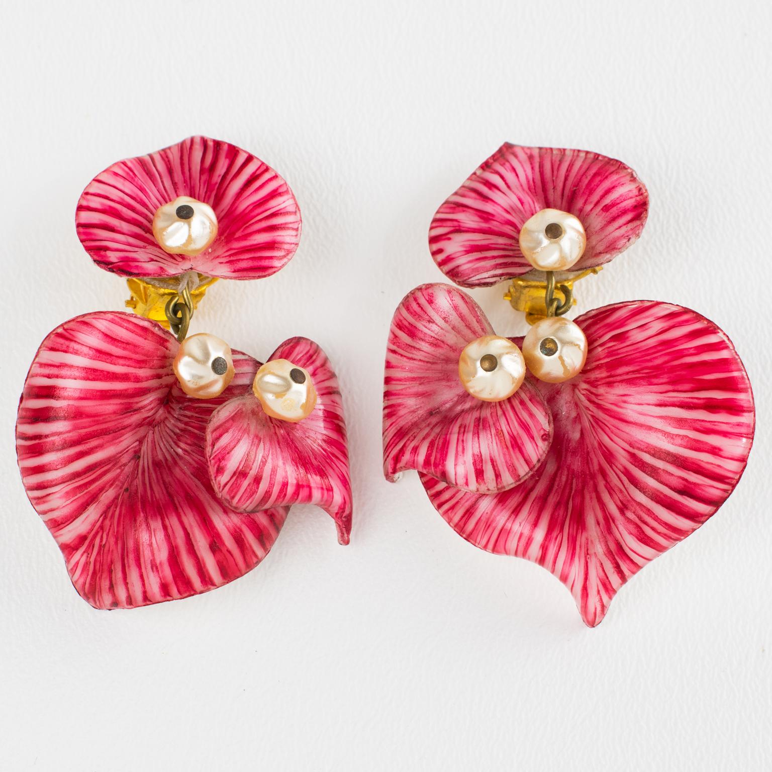 Modern Cilea Paris Dangle Clip Earrings Striped Red and White Resin Flowers For Sale