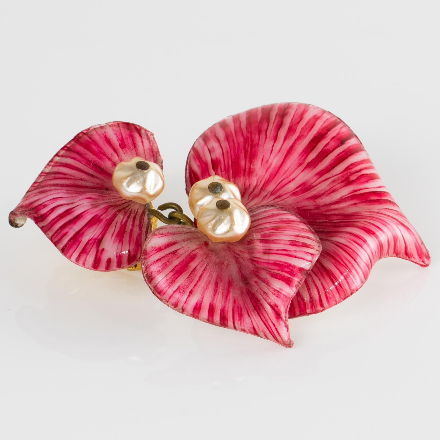 Cilea Paris Dangle Clip Earrings Striped Red and White Resin Flowers For Sale 2