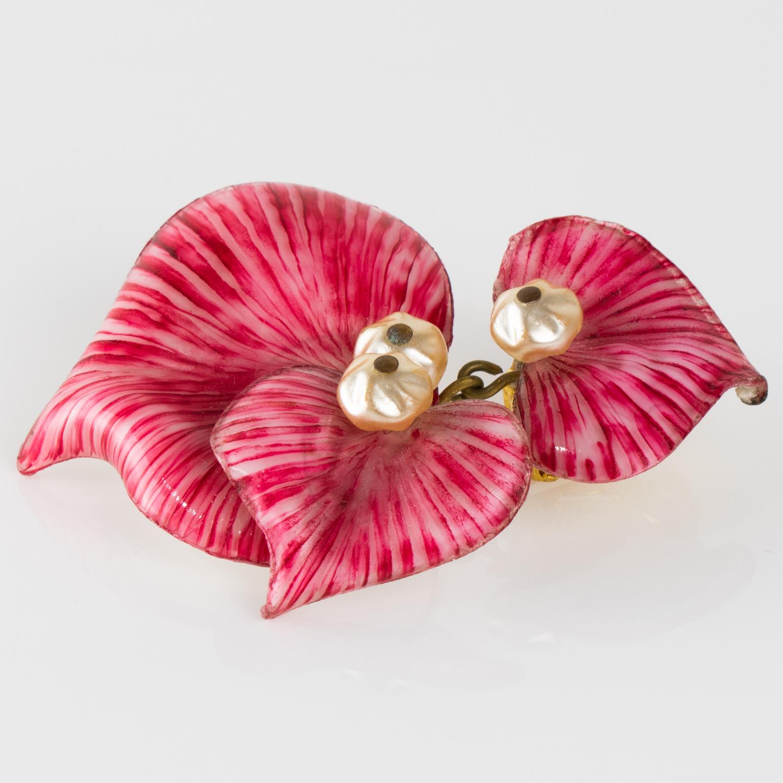 Cilea Paris Dangle Clip Earrings Striped Red and White Resin Flowers For Sale 3