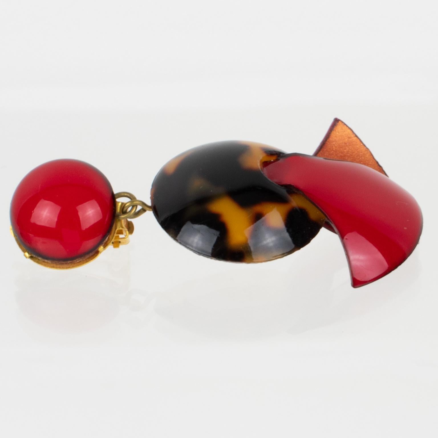 Cilea Paris Dangle Red and Tortoise Resin Clip Earrings For Sale 1