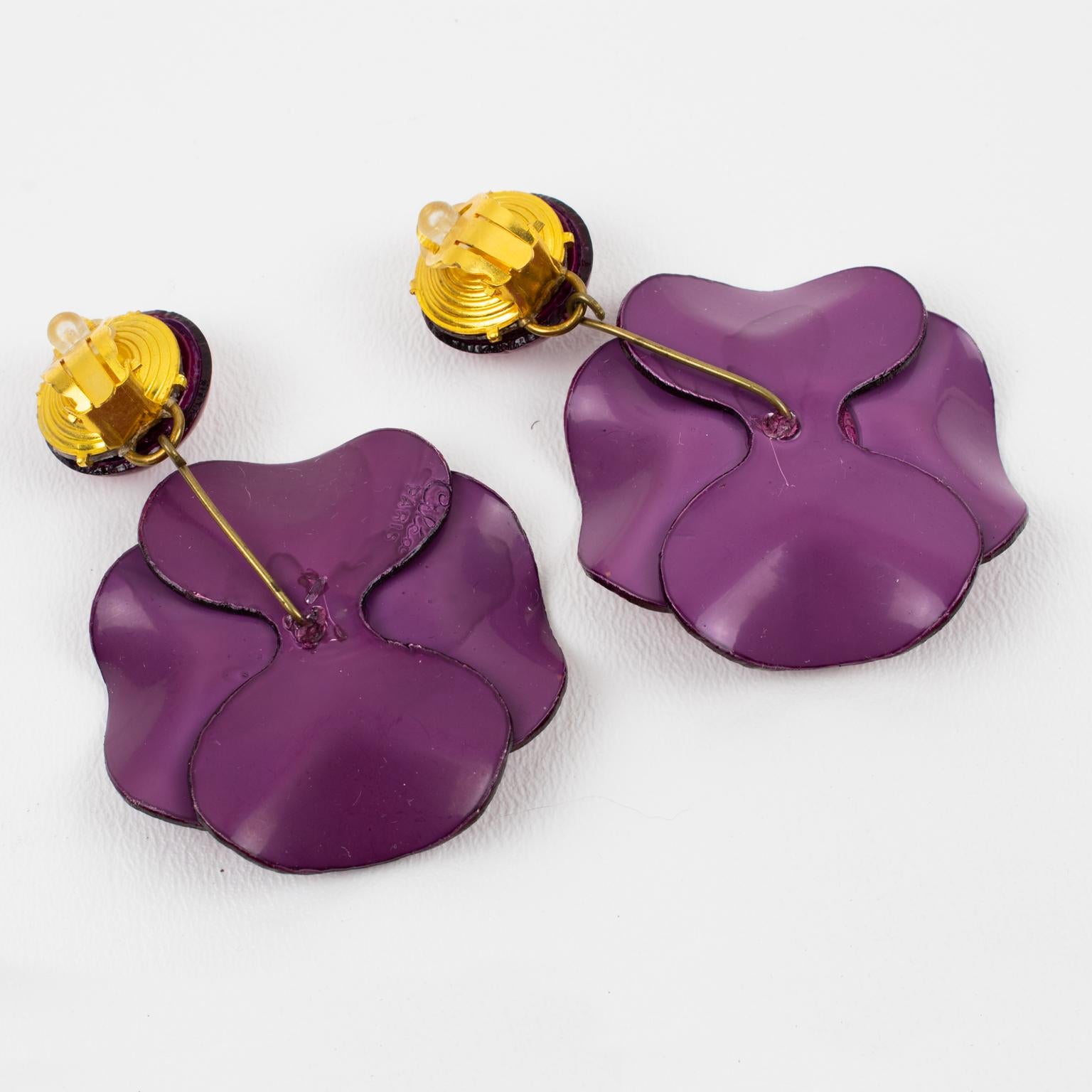 Modern Cilea Paris Dangle Resin Clip Earrings Burgundy Poppy Flower