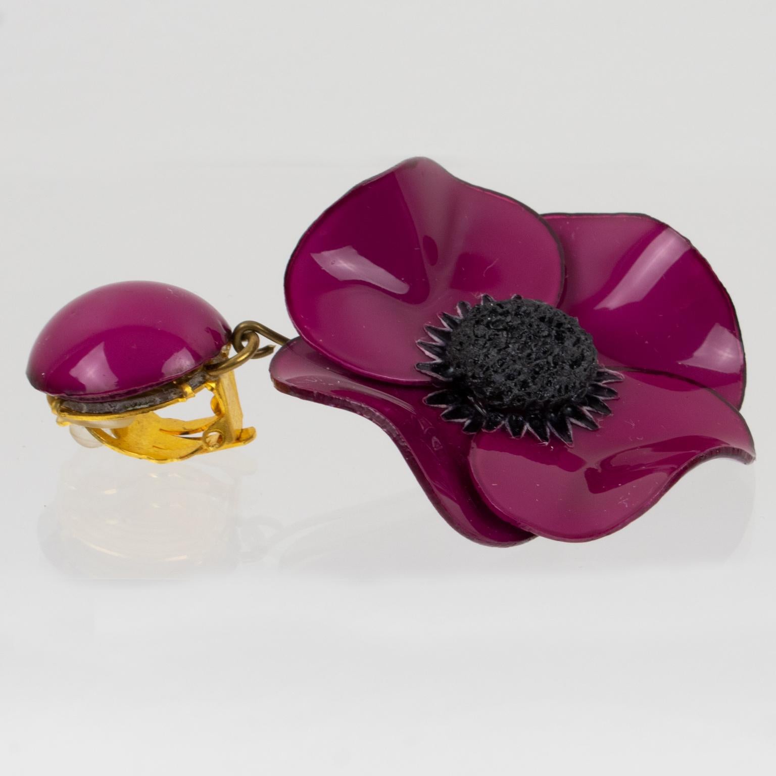 Cilea Paris Dangle Resin Clip Earrings Burgundy Poppy Flower 1
