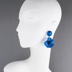 Cilea Paris Dangle Resin Clip Earrings Cobalt Blue Poppy Flower