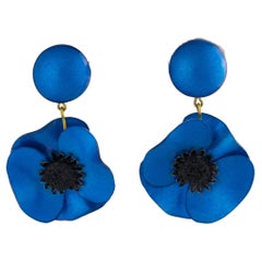 Cilea Paris Dangle Resin Clip Earrings Cobalt Blue Poppy Flower