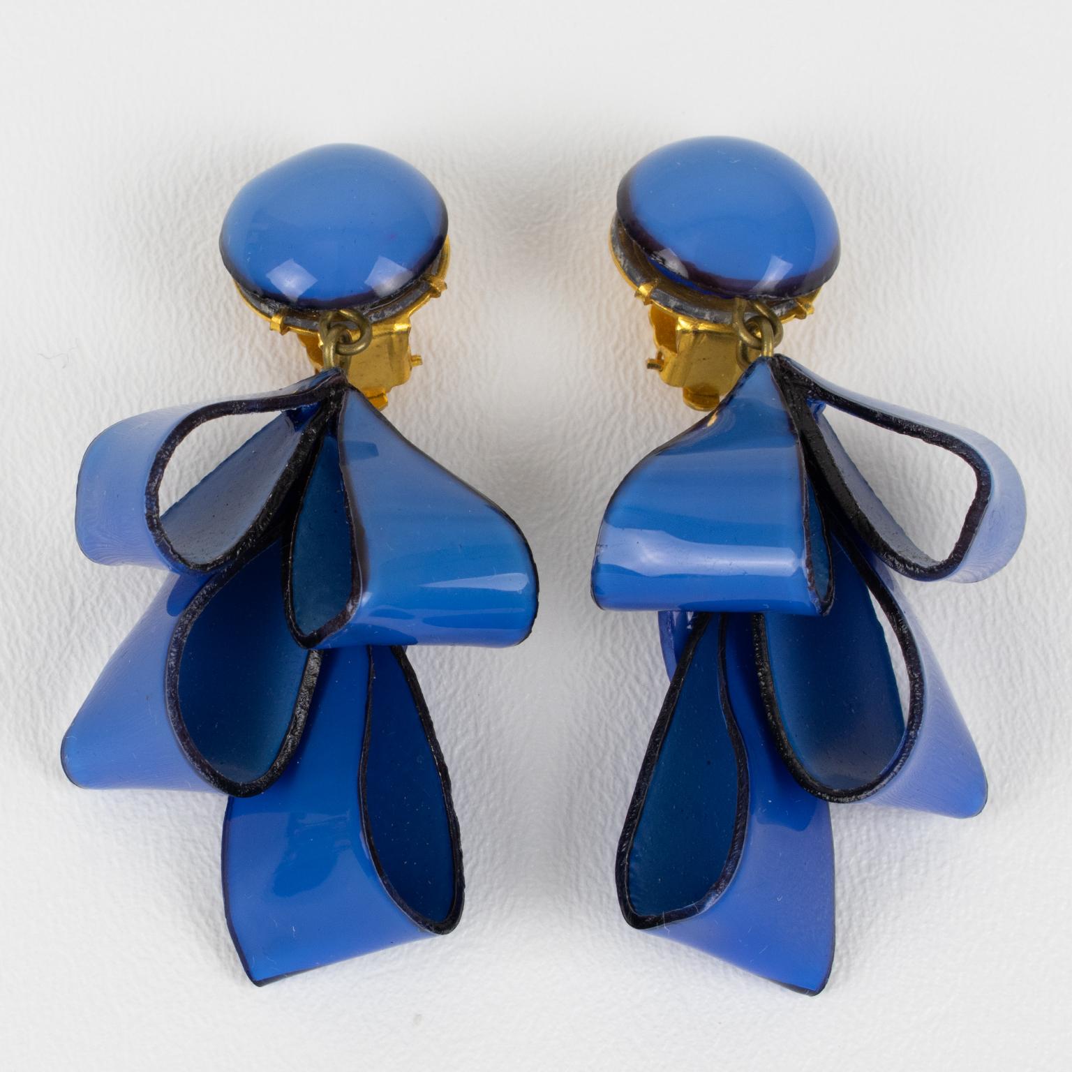 Modern Cilea Paris Dangle Resin Clip Earrings Cobalt Blue Ribbons For Sale
