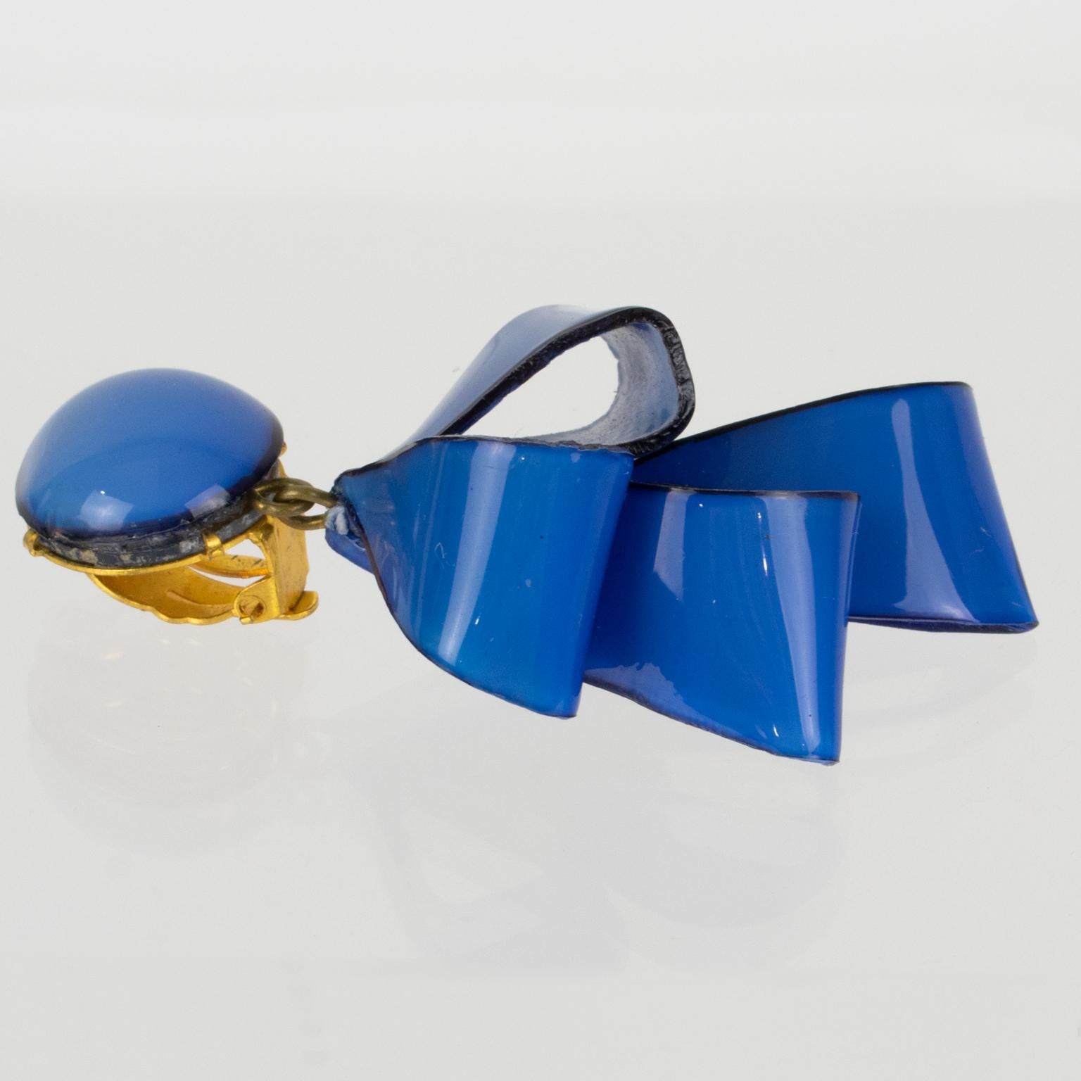 Cilea Paris Dangle Resin Clip Earrings Cobalt Blue Ribbons For Sale 1