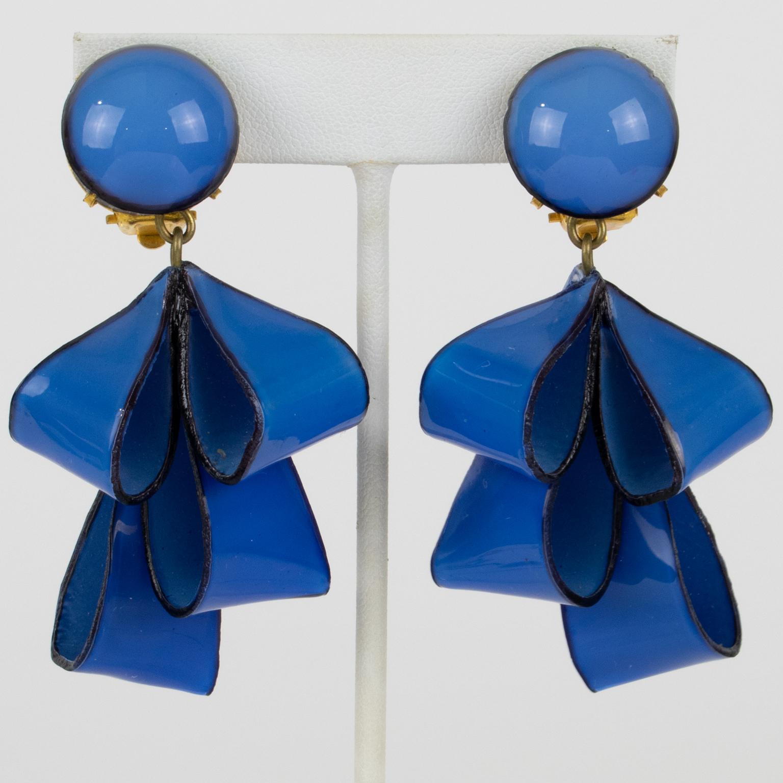 Cilea Paris Dangle Resin Clip Earrings Cobalt Blue Ribbons For Sale 2