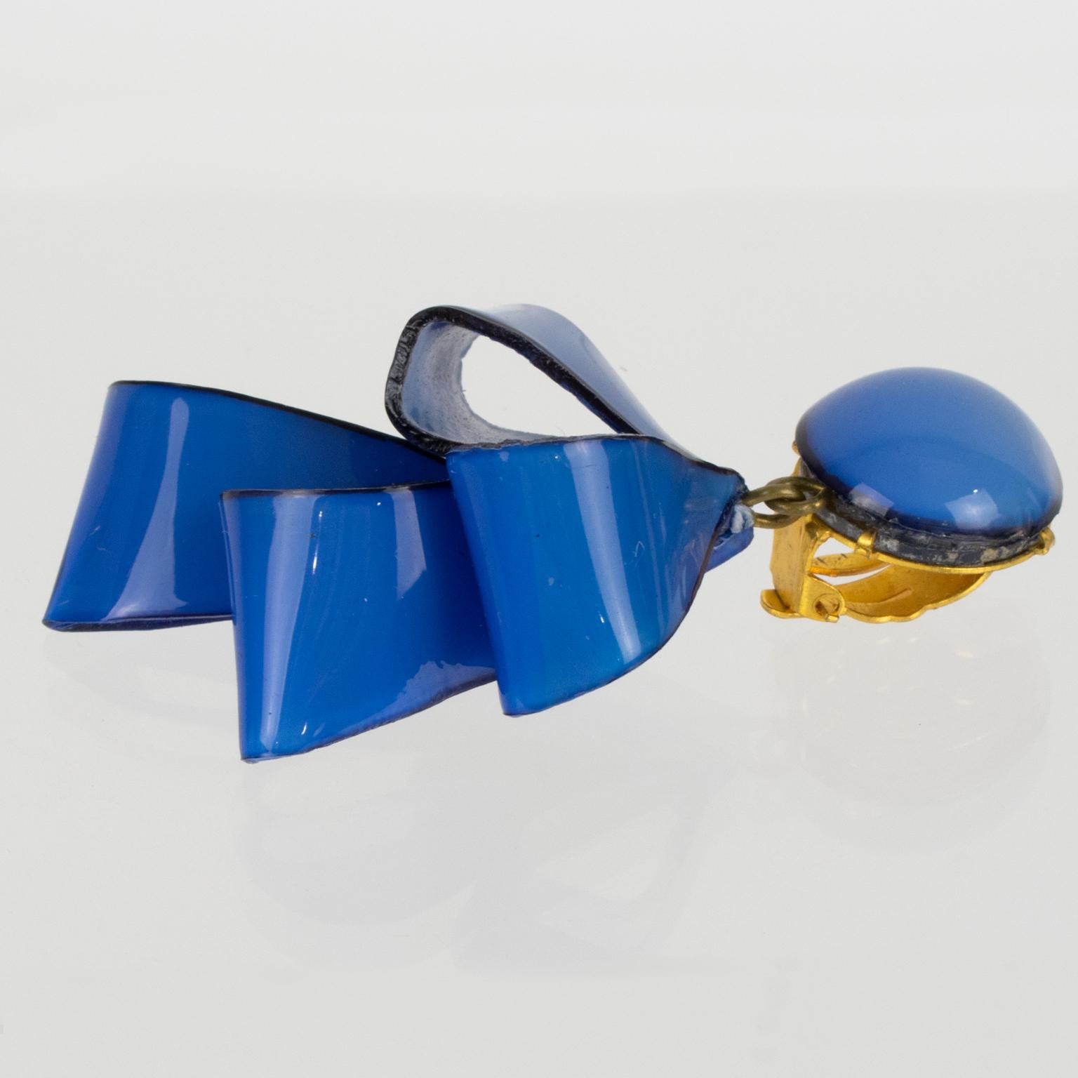 Cilea Paris Dangle Resin Clip Earrings Cobalt Blue Ribbons For Sale 3