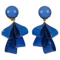 Cilea Paris Dangle Resin Clip Earrings Cobalt Blue Ribbons