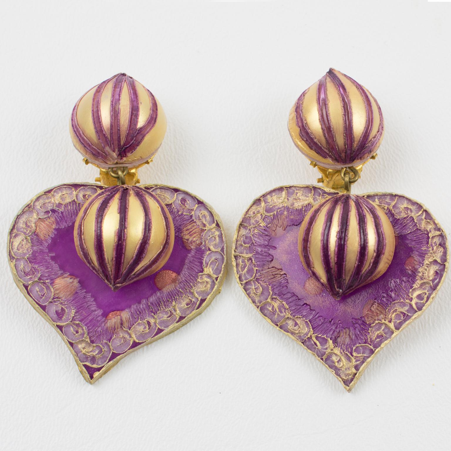 Modern Cilea Paris Dangle Resin Clip Earrings Orchid Purple Heart