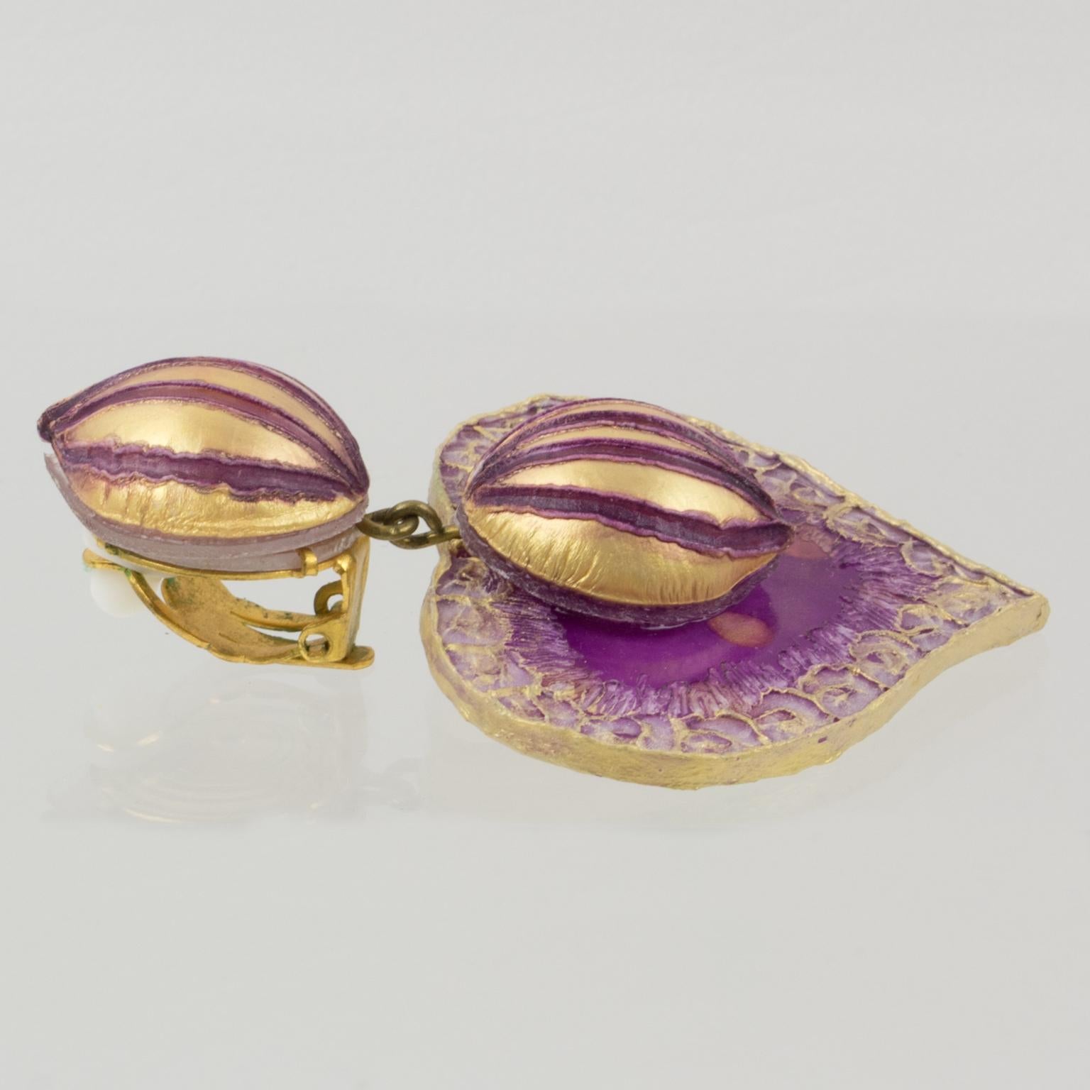 Cilea Paris Dangle Resin Clip Earrings Orchid Purple Heart 1