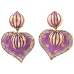 Cilea Paris Dangle Resin Clip Earrings Orchid Purple Heart