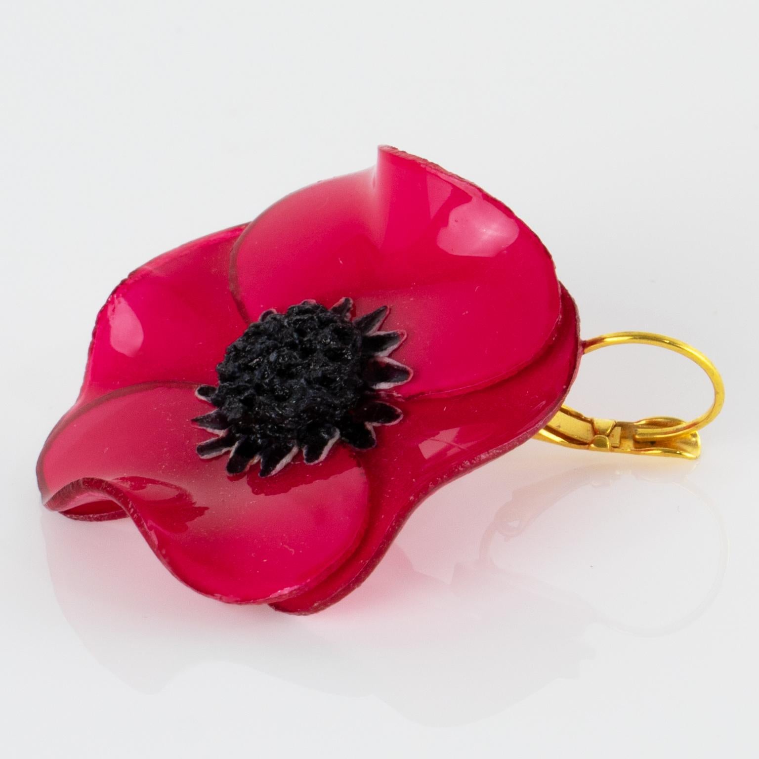 Cilea Paris Dangle Resin Pierced Earrings Fuchsia Pink Poppy Flower For Sale 1