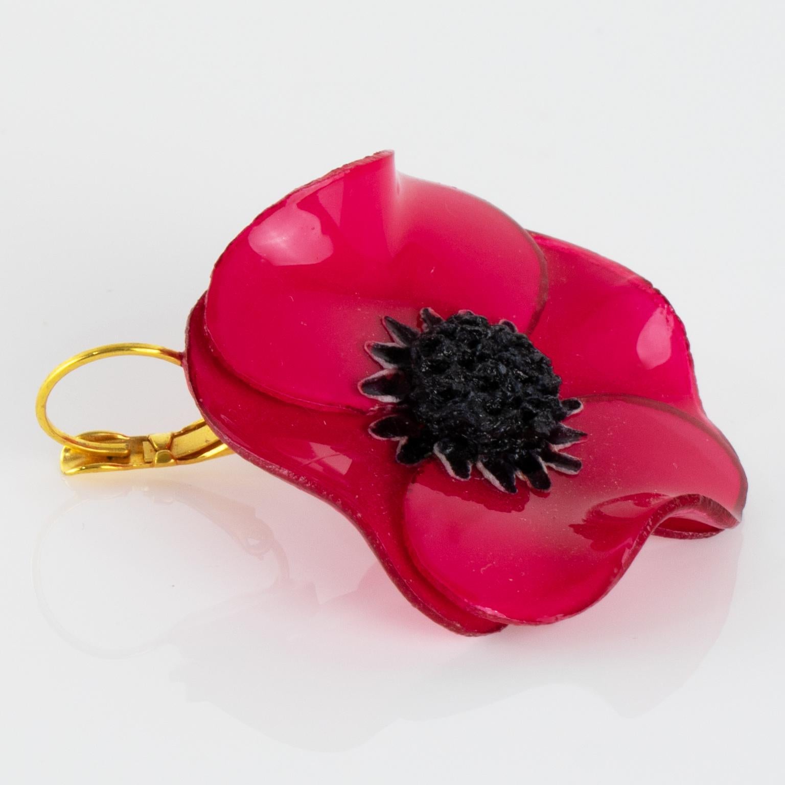 Cilea Paris Dangle Resin Pierced Earrings Fuchsia Pink Poppy Flower For Sale 2