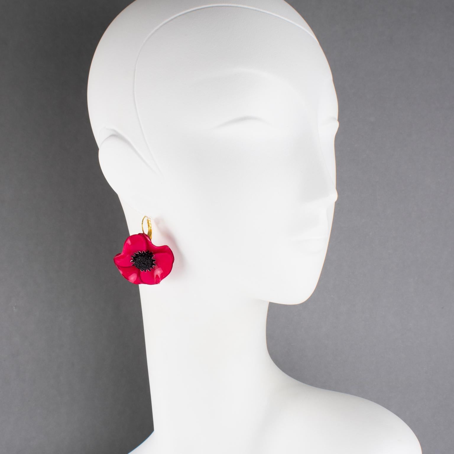Cilea Paris Dangle Resin Pierced Earrings Fuchsia Pink Poppy Flower For Sale 3