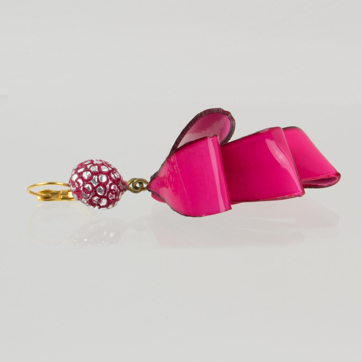 Modern Cilea Paris Dangle Resin Pierced Earrings Hot Pink Ribbon