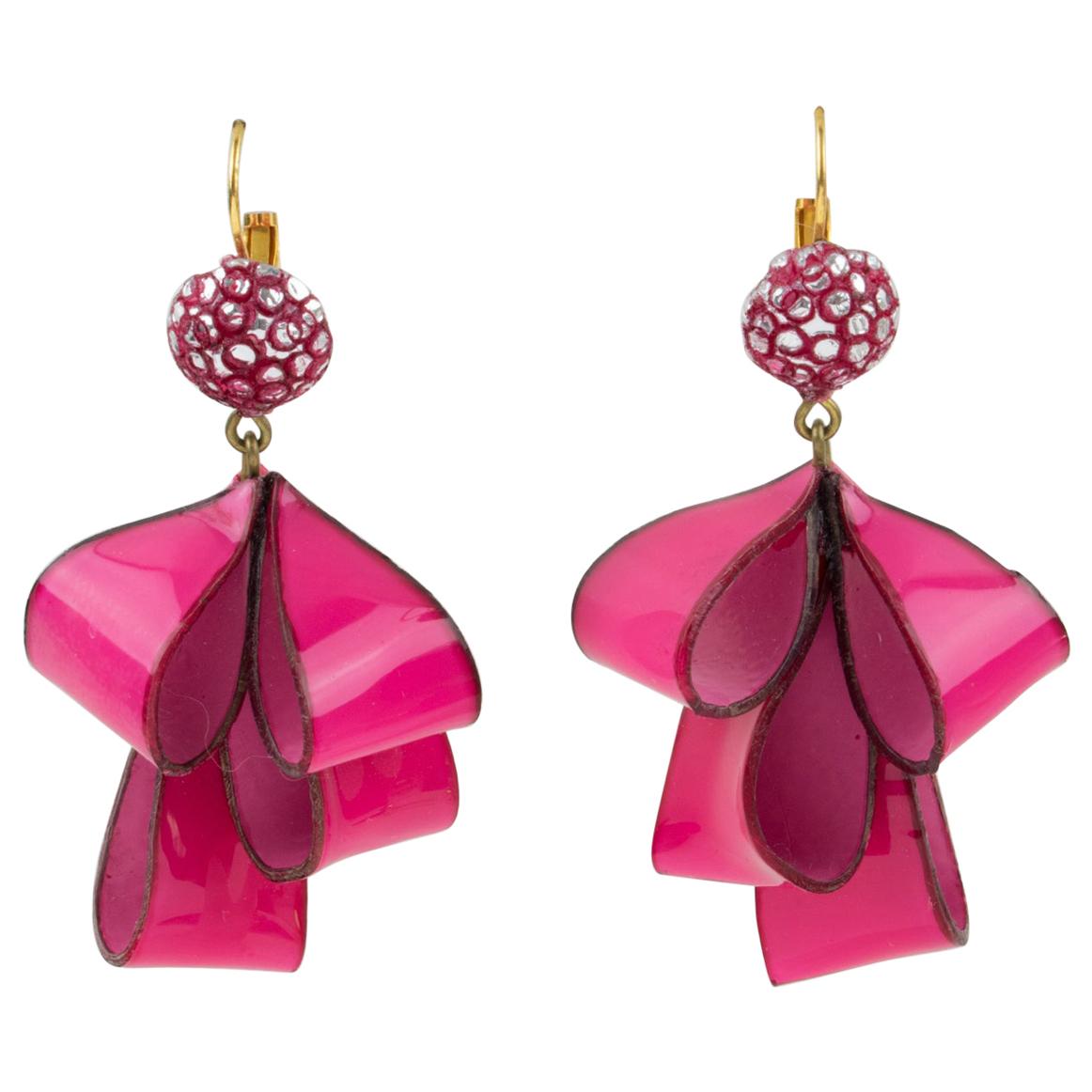 Cilea Paris Dangle Resin Pierced Earrings Hot Pink Ribbon