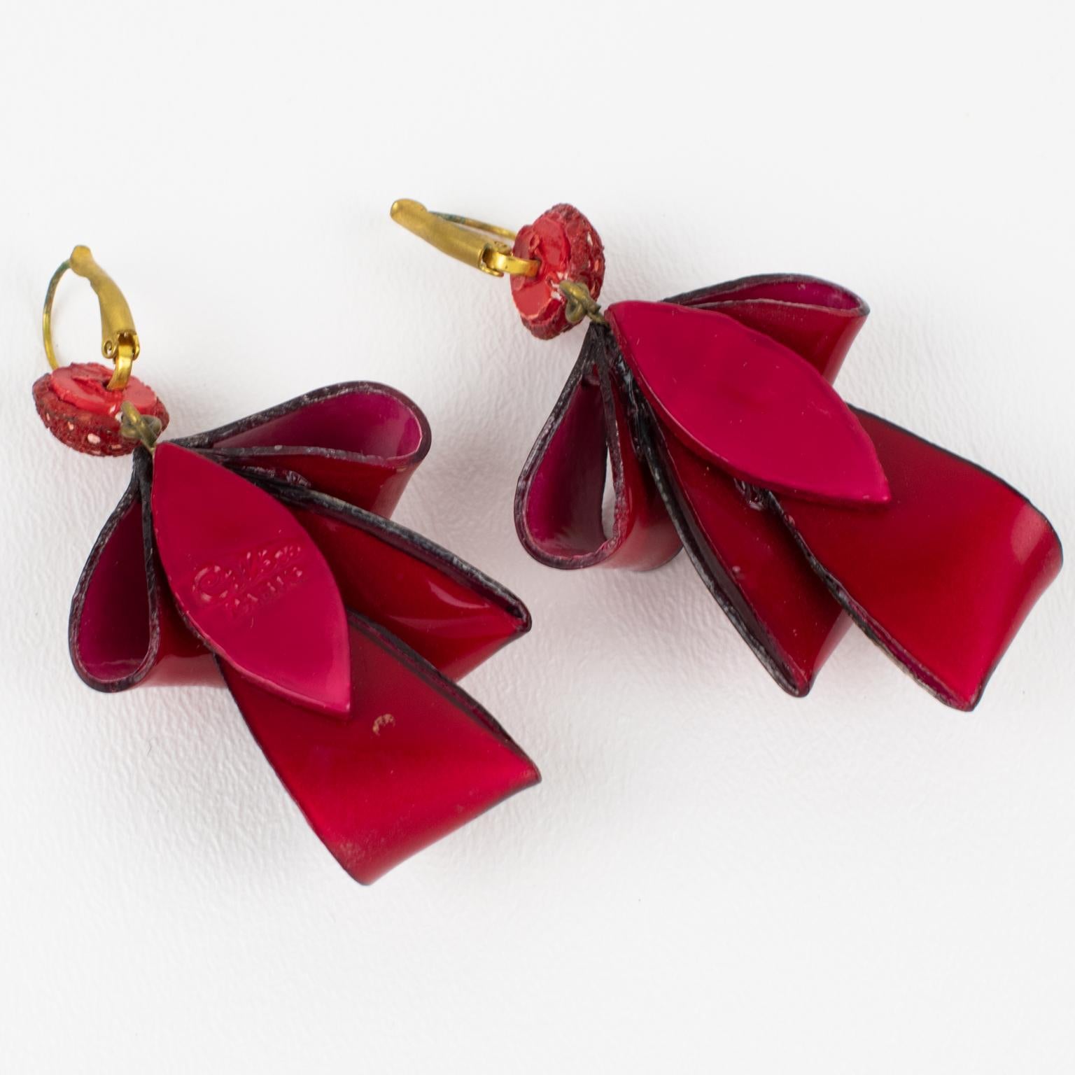 Modern Cilea Paris Dangle Resin Pierced Earrings Ruby Red Ribbon For Sale