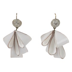 Cilea Paris Dangle Resin Pierced Earrings White and Silver Ribbons