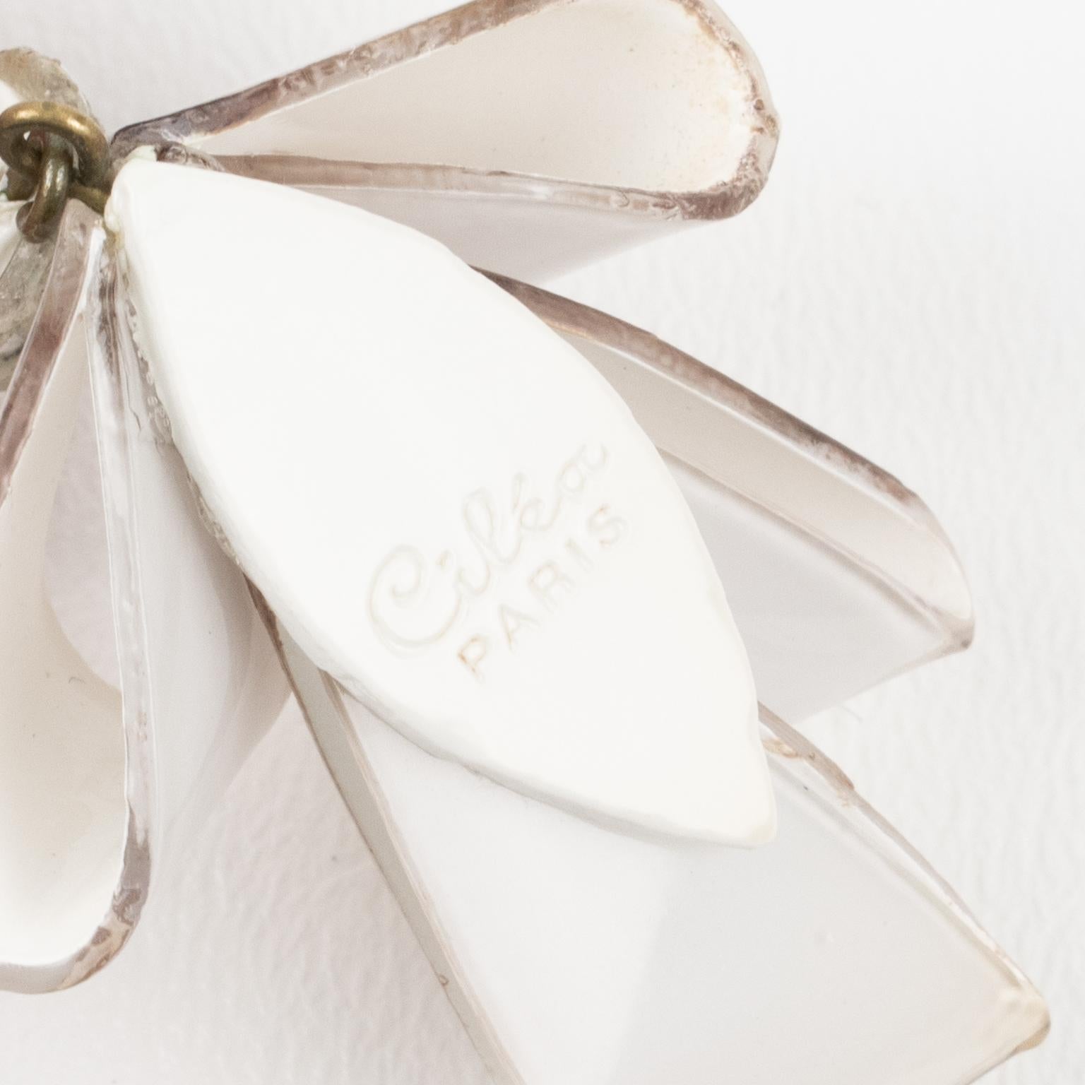 Women's or Men's Cilea Paris Dangle Resin Pierced Earrings White Ribbon For Sale