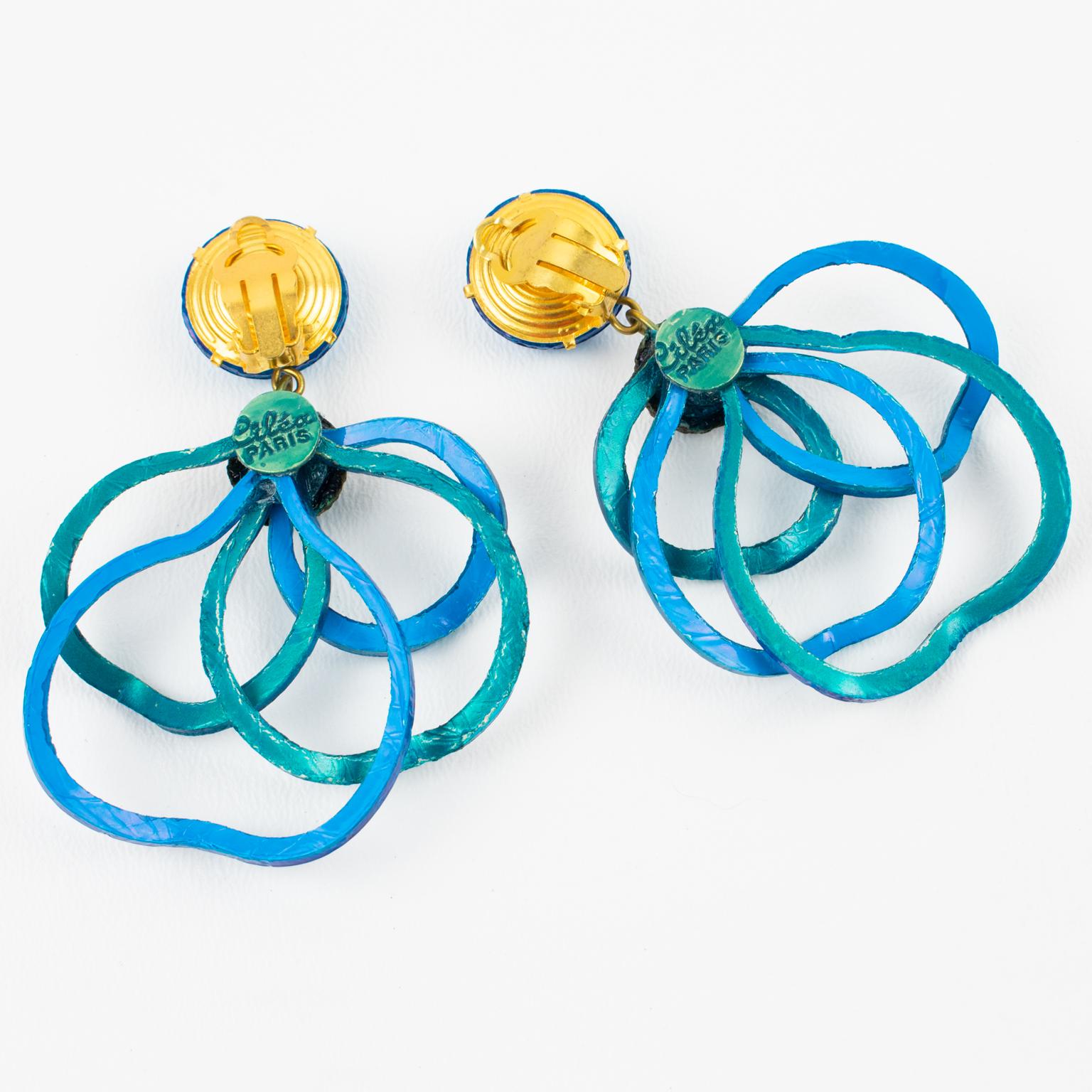 Cilea Paris Dangle Turquoise Resin Clip Multi-Loops Earrings In Excellent Condition For Sale In Atlanta, GA