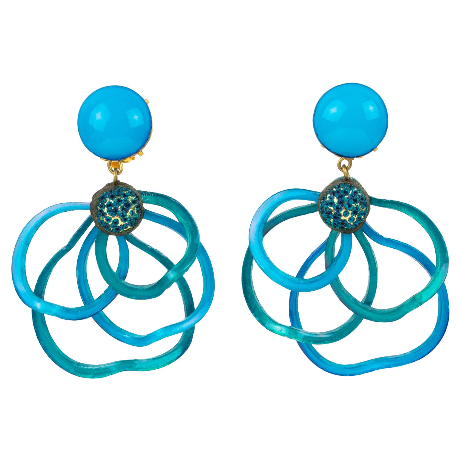 Cilea Paris Dangle Turquoise Resin Clip Multi-Loops Earrings For Sale