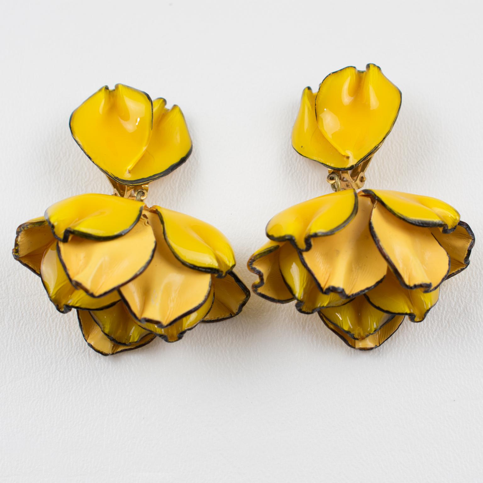 Modern Cilea Paris Dangling Resin Clip-on Earrings Yellow Poppy Flower