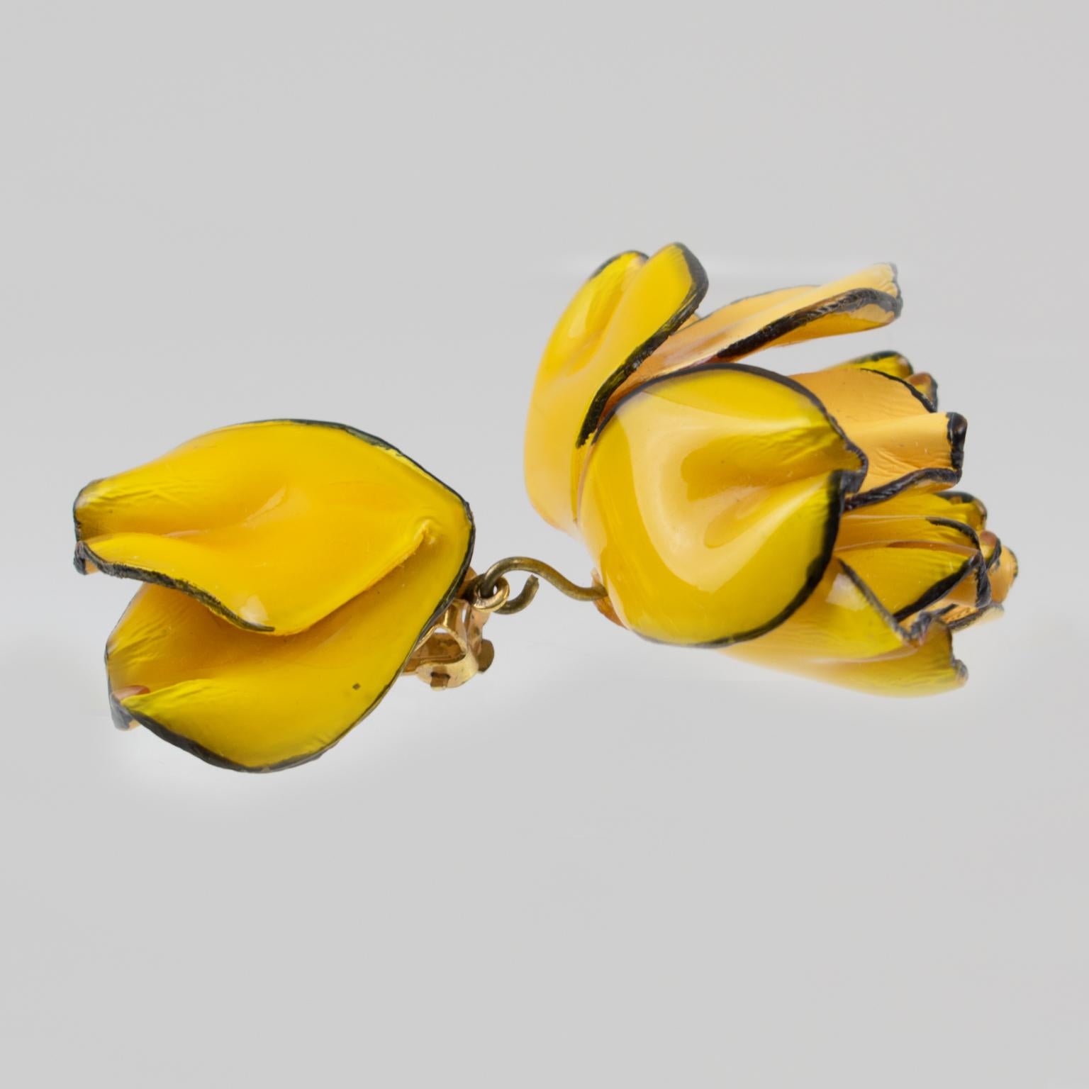 Cilea Paris Dangling Resin Clip-on Earrings Yellow Poppy Flower 1