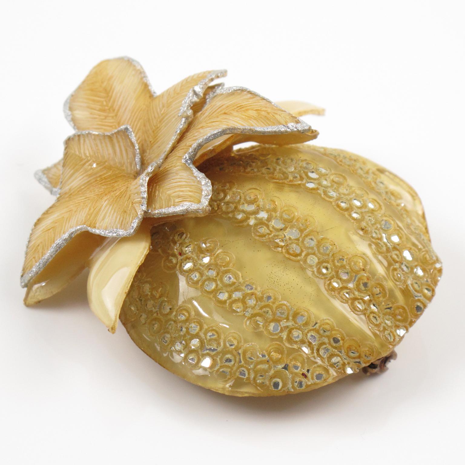 Cilea Paris Fantasy Yellow Pumpkin Resin Pin Brooch In Excellent Condition For Sale In Atlanta, GA