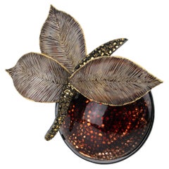 Cilea Paris Floral Resin Brooch Cocoa Brown and Gold Glitter Chestnut Leaves