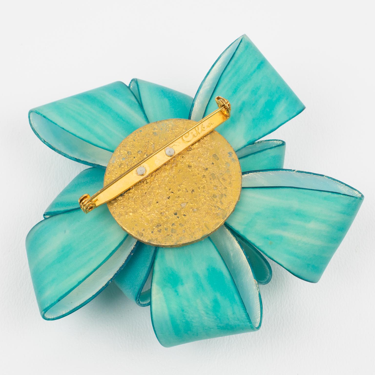 Cilea Paris Giant Turquoise Resin Ribbon Brooch In Excellent Condition For Sale In Atlanta, GA