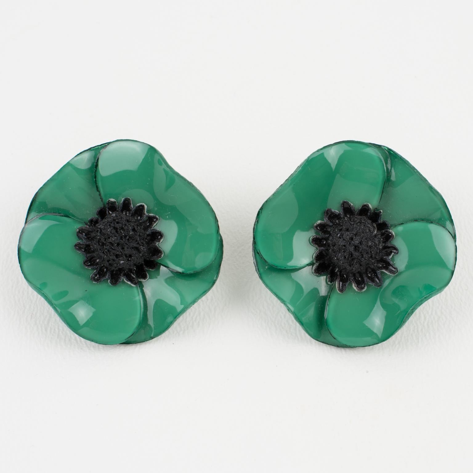 Romantic Cilea Paris Green Poppy Resin Clip Earrings