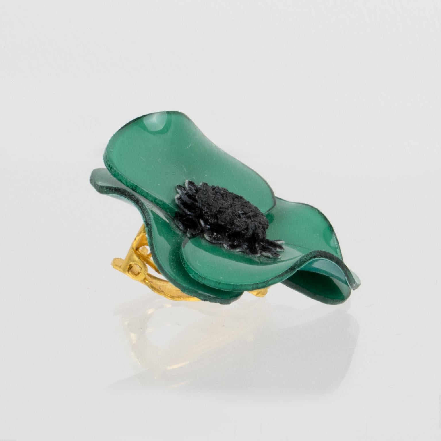 Cilea Paris Green Poppy Resin Clip Earrings 1