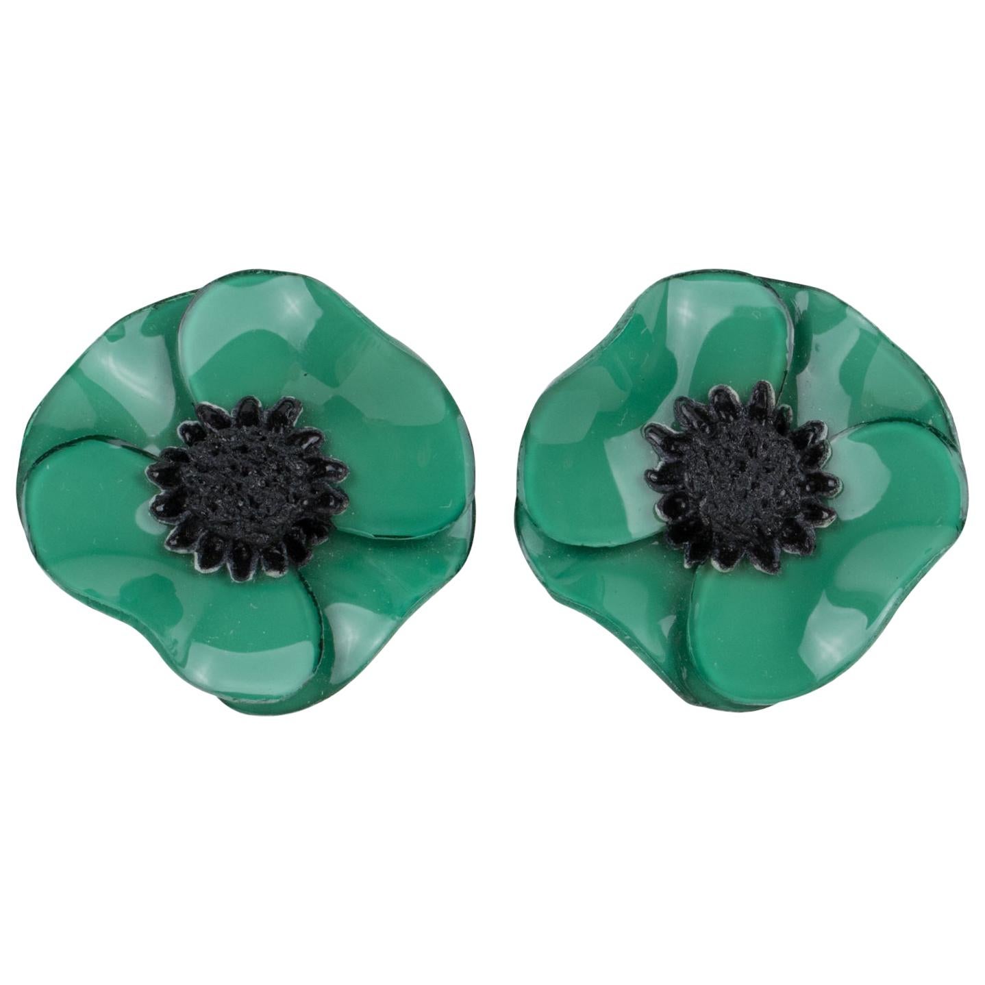 Cilea Paris Green Poppy Resin Clip Earrings