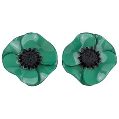 Cilea Paris Green Poppy Resin Clip Earrings