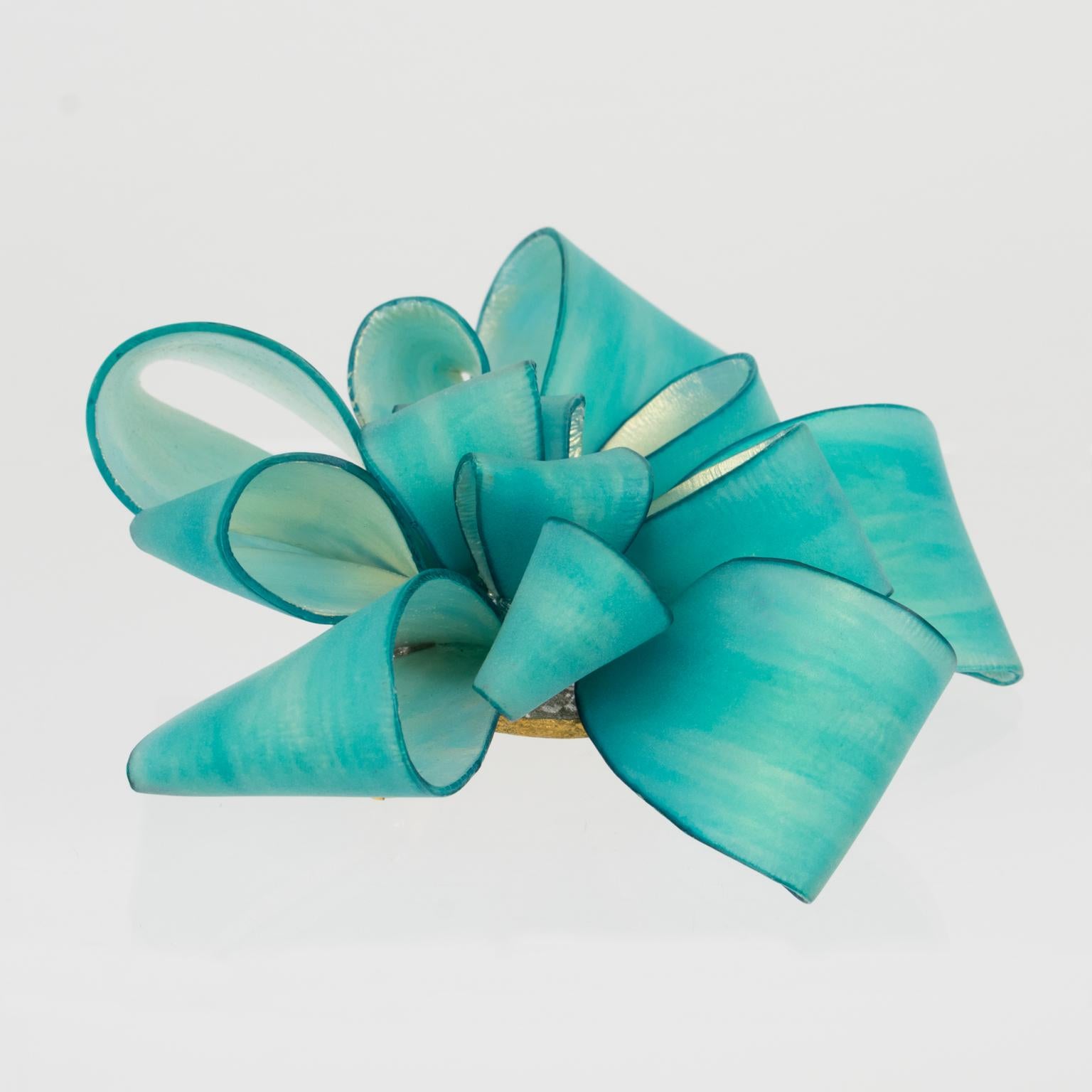 Women's or Men's Cilea Paris Oversized Turquoise Resin Ribbon Pin Brooch For Sale
