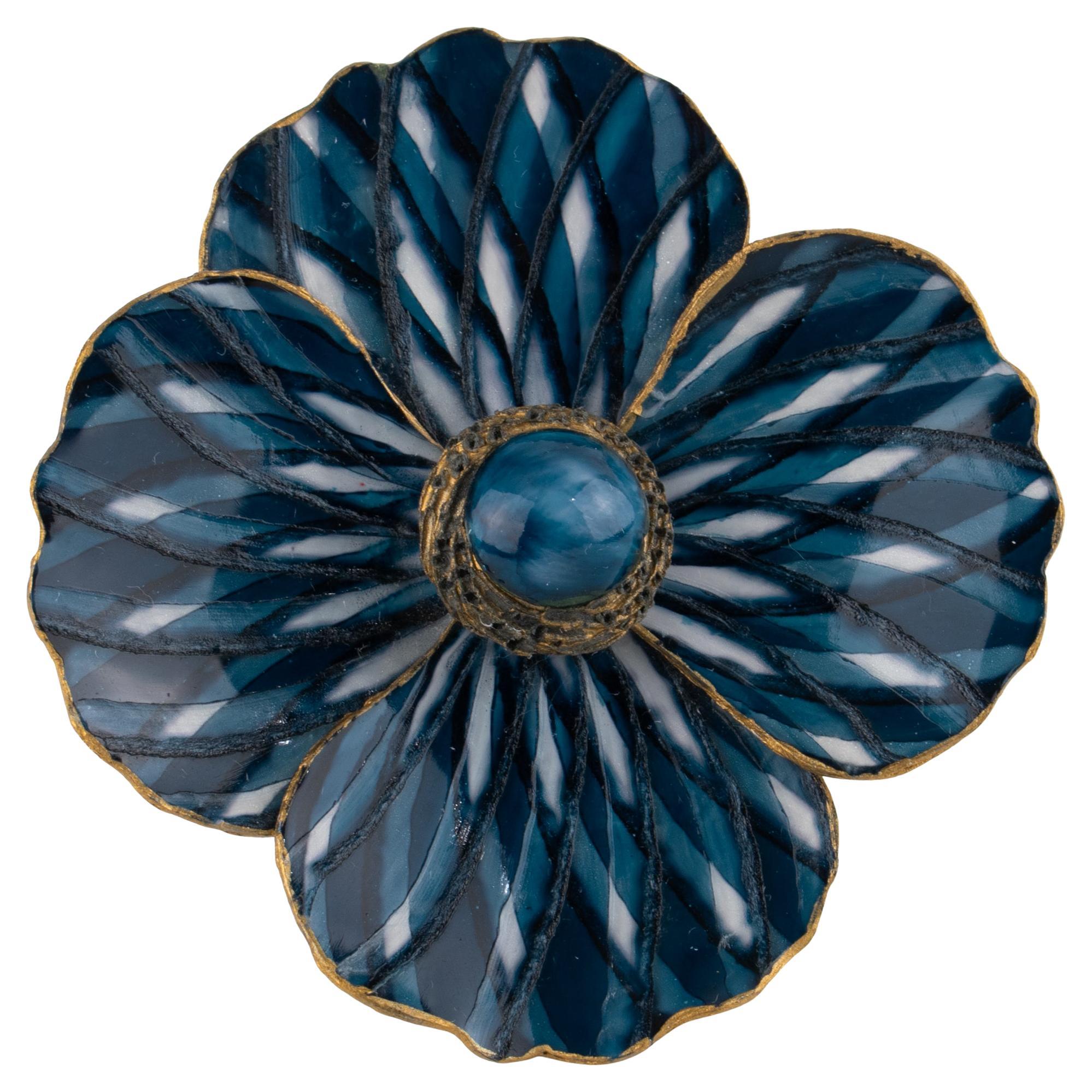 Cilea Paris Broche en résine bleu pétrole Fleur géante