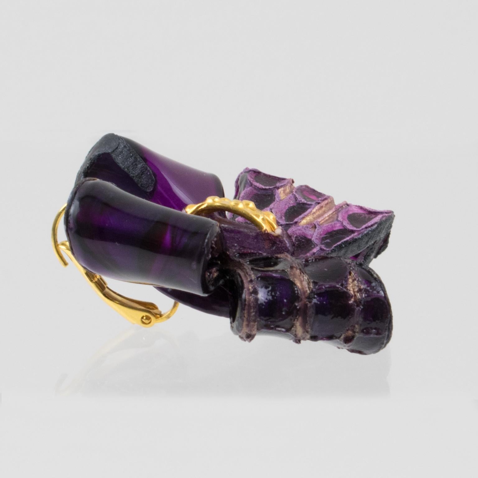 Women's or Men's Cilea Paris Purple Resin Butterfly Pierced Earrings For Sale